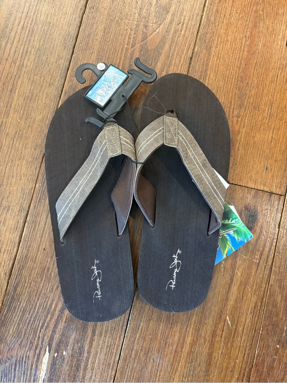 Panama Jack Black Flip Flops with Tan Straps